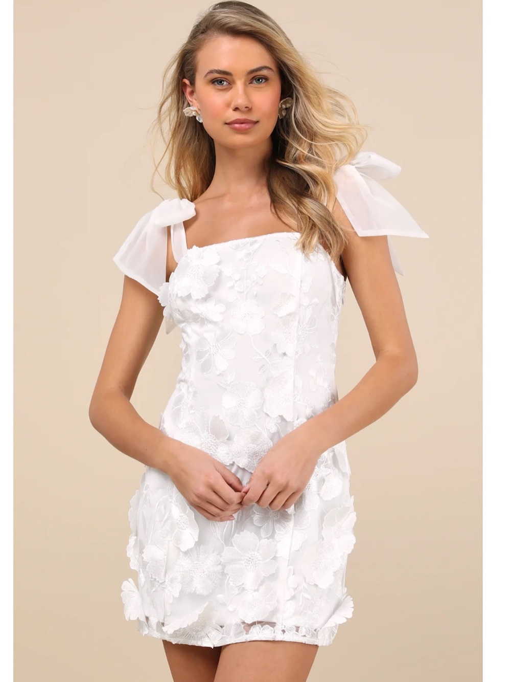 Lulus Emphatically Adorable White 3D-Floral Tie-Strap Mini Dress Medium - Picture 3 of 15